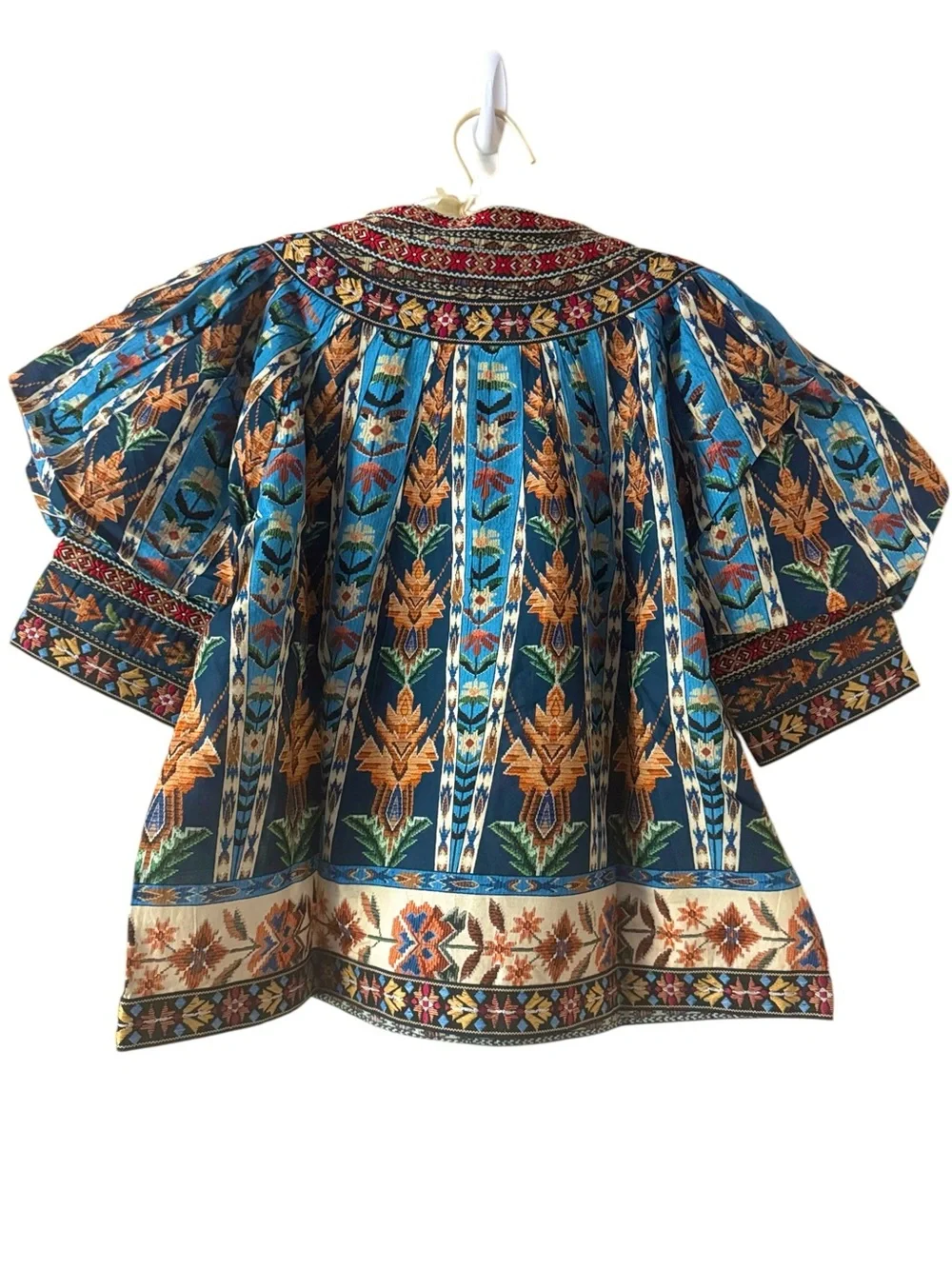 NWT FARM Rio Embroidered Tapestry Blue Short Sleeve Blouse Size Medium